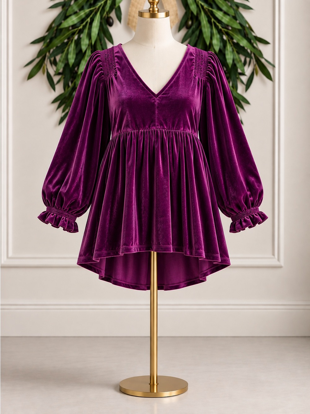 Umgee Magenta Velvet Babydoll Tunic Top Medium Balloon Sleeves